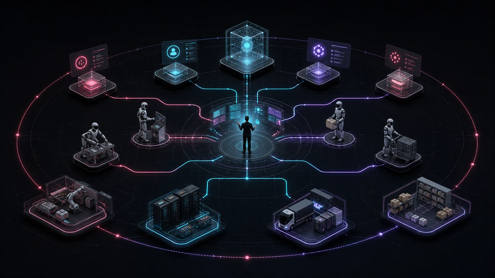 A founder orchestrates digital agents, compute, humanoid robots, fabrication, and logistics inside one connected agent economy.